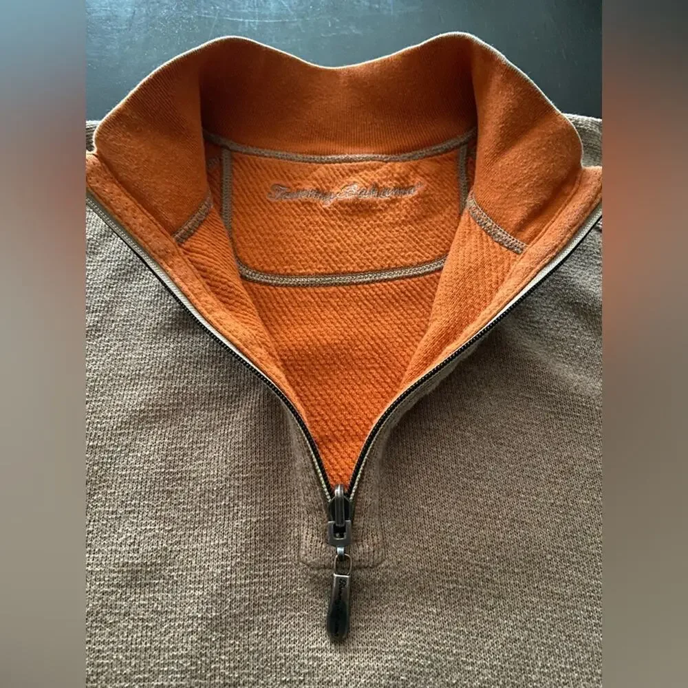 TOMMY BAHAMA Reversible Tan/Orange 1/4 Zip Cotton Pullover Sweater sz XLarge